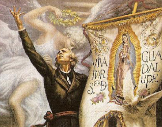 Miguel Hidalgo y Costilla enarbolando el estandarte de la Virgen de Guadalupe.