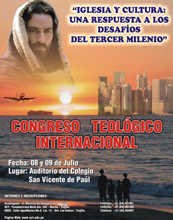 Poster promocional del congreso teológico internacional en Trujillo, Perú.