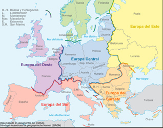 Mapa de Europa que muestra los países que abarca el territorio de Europa occidental y central (zonas en morado y azul).