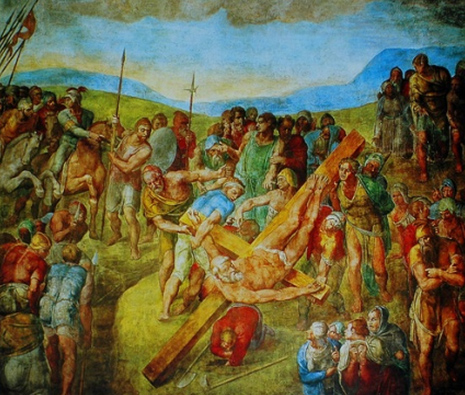 Michelangelo�s Crucifixion of St. Peter.  He painted this painting in the Pauline Chapel in Rome in response to a request by Pope Paul III, though Michelangelo was actually asked to paint St. Peter receiving the �keys� from Christ.