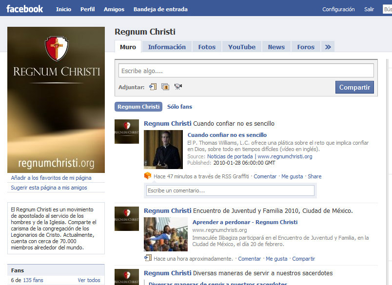 Las noticias y material formativo de www.regnumchristi.org ahora también están en Facebook.