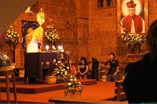 El P. Guillermo Romo, L.C. impartiendo la bendición con la Eucaristía.